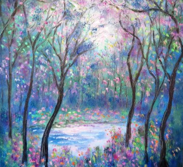 庭園 Painting - 甘い春の池の花の木庭の装飾風景壁アート自然風景